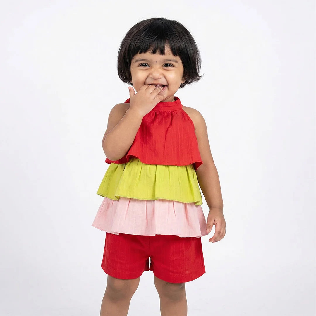 Kids Fashion Baby Jumpsuit, Red, Yellow and Pink, Ruffled Trim (3-6m), Children's Outfit
