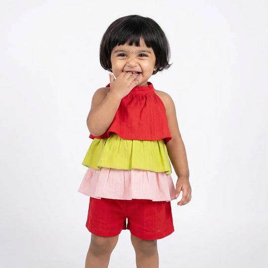 Kids Fashion Baby Jumpsuit, Red, Yellow and Pink, Ruffled Trim (3-6m), Children's Outfit