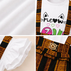 Colorful Patterned Overalls with Cat Print T-shirt