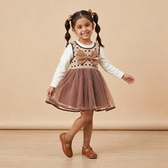 Adorable Brown Bow Baby Dress with Lace Trim & Ruffle Sleeve (Pink Flowers, Romper Set)