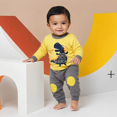 Baby Dinosaur Long-Sleeve Jumpsuit and Onesie with Yellow Eggs Design (2pc Set)