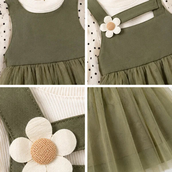 Elegant Baby Girl Dress | Pastel Green Chiffon with White Polka Dots | Floral Jumper