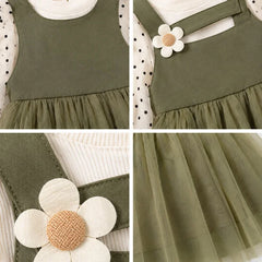 Elegant Baby Girl Dress | Pastel Green Chiffon with White Polka Dots | Floral Jumper