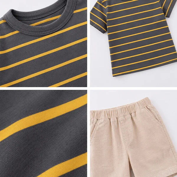 Fashionable Striped T-shirt with Cute Shorts Set, Kids' Summer Outfit Set (Cotton, Yellow and Gray Stripes)