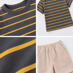 Fashionable Striped T-shirt with Cute Shorts Set, Kids' Summer Outfit Set (Cotton, Yellow and Gray Stripes)