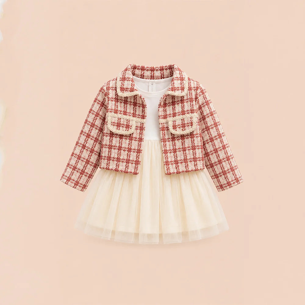 Chic Baby Girls' Jacket and Skirt Set with Ruffled Collar and Heart Buttons - Adorable Red Plaid