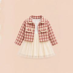 Chic Baby Girls' Jacket and Skirt Set with Ruffled Collar and Heart Buttons - Adorable Red Plaid