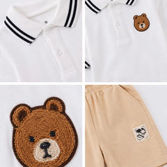 Infant Uniform with Teddy Bear Accessories - Classic White Polo with Brown Stripes
