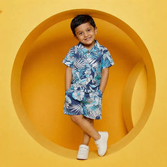 Hawaiian-Inspired Men's Tropical Short Set, Blue and White Printed Shirt and Shorts