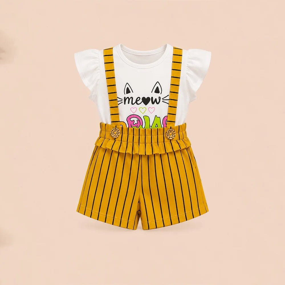 Cat-themed baby romper with yellow suspenders and ruffle trim