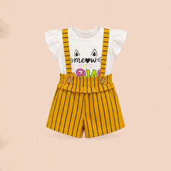 Cat-themed baby romper with yellow suspenders and ruffle trim