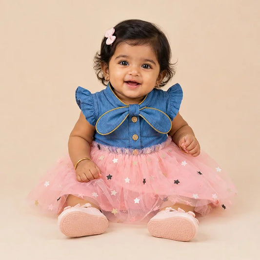 Adorable Blue Baby Girl Skirted Tunic with Pink Stars and Bow
