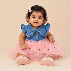 Adorable Blue Baby Girl Skirted Tunic with Pink Stars and Bow