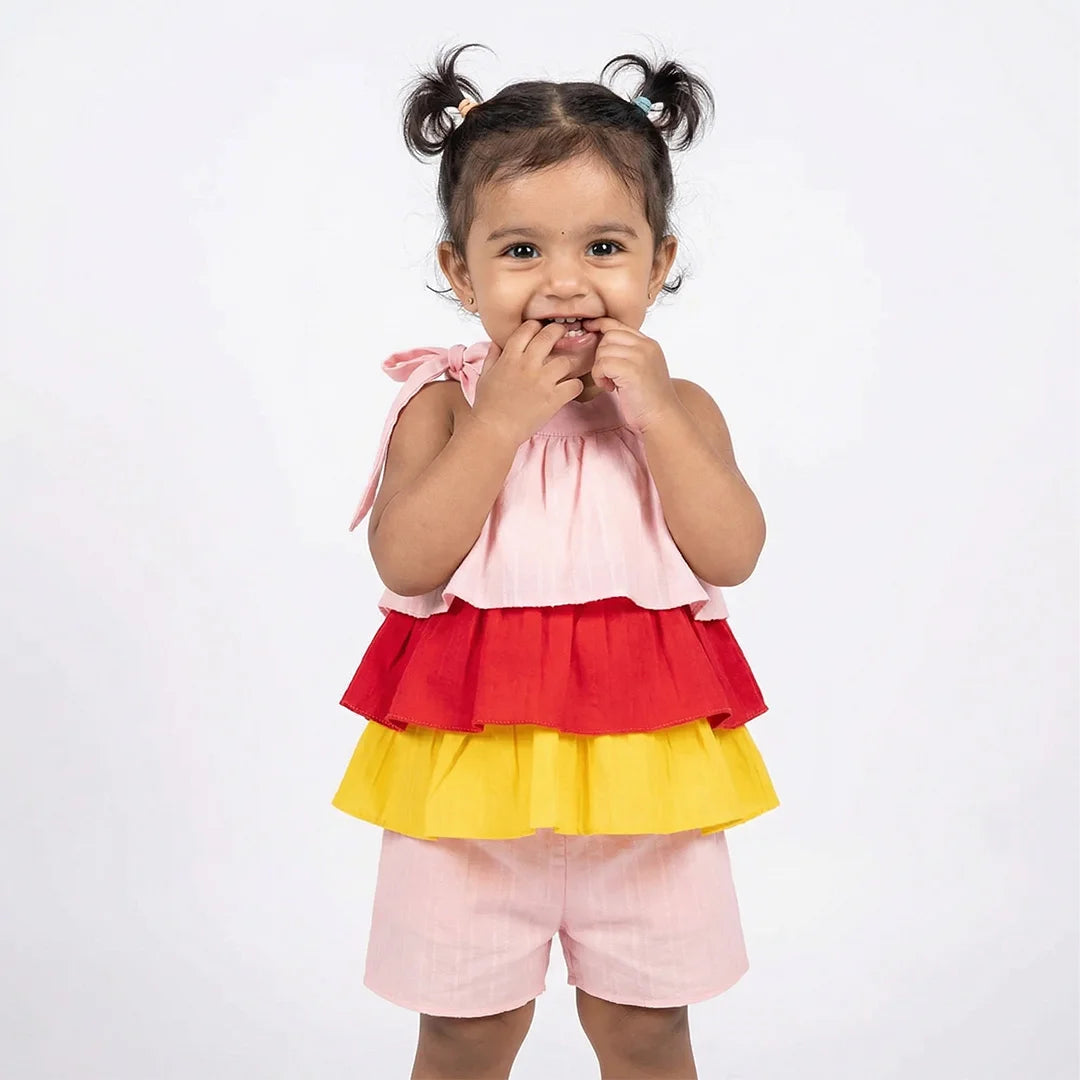 Colorful Toddler Romper with Ruffled Sleeve and Striped Bottom