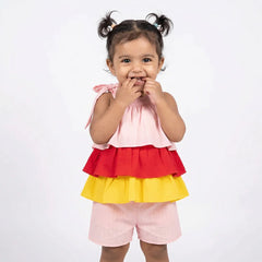 Colorful Toddler Romper with Ruffled Sleeve and Striped Bottom