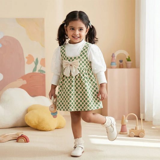 Adorable Baby Girl's Vintage Polka Dot Dress, Perfect for Easter, Pastel Green and White Floral Pattern with Ruffles