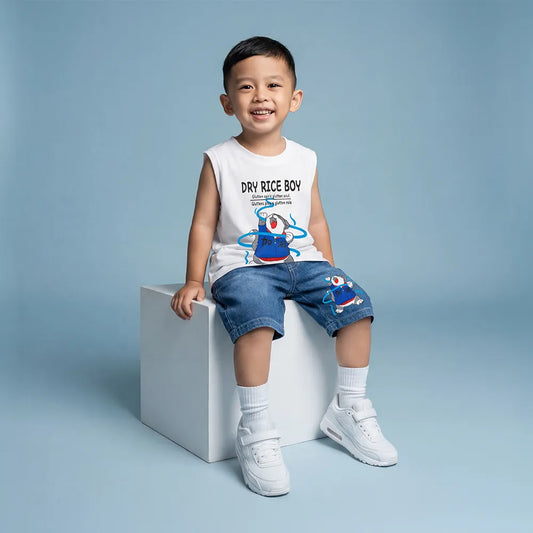 Adorable Baby's Dry Rice Boy Denim Tank & Jeans Outfit
