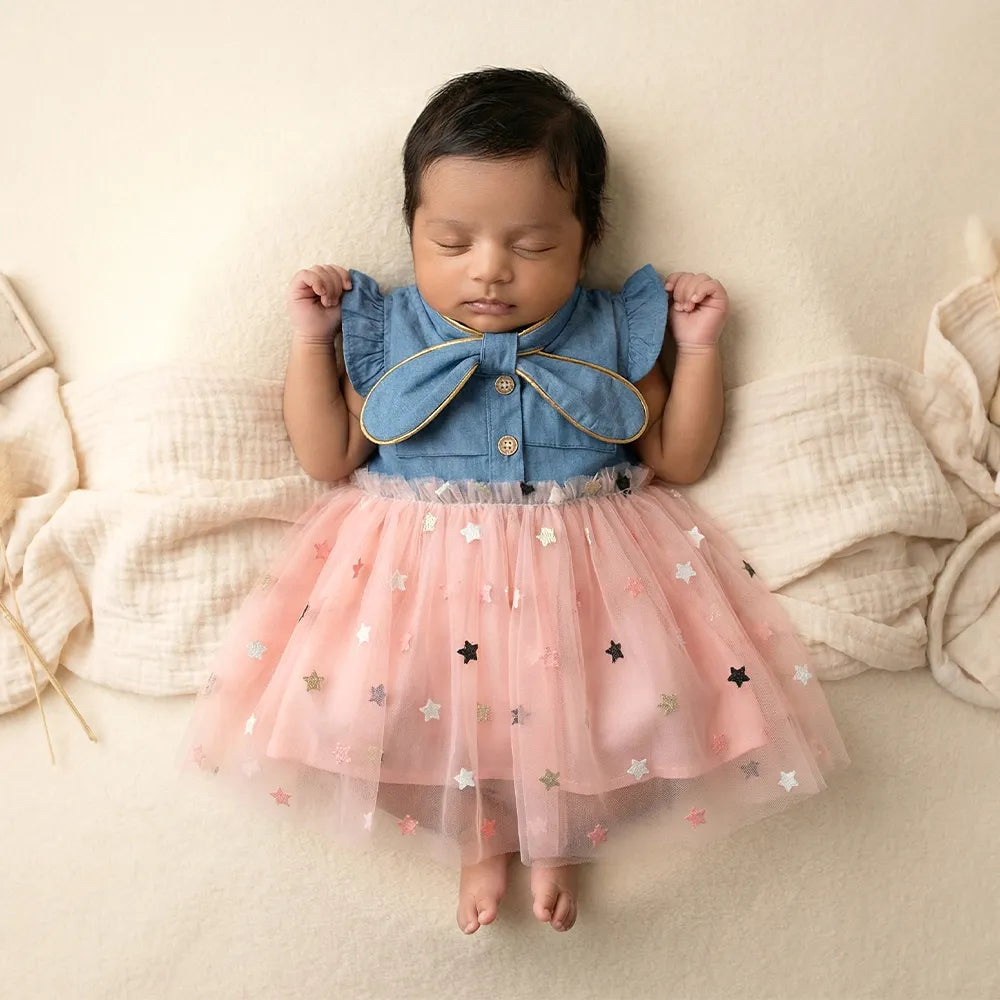 Adorable Blue Baby Girl Skirted Tunic with Pink Stars and Bow