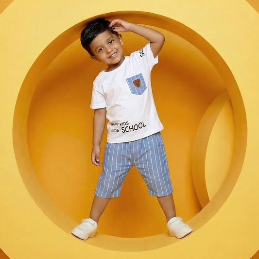 Adorable Kids Pajamas Set with Hilarious School Tee - Perfect for Back-to-School Fun! (White and Blue)