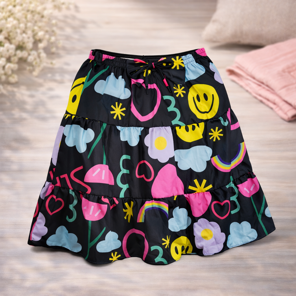 Black Dress with Colorful Prints and Pockets, Girls' Party Outfit