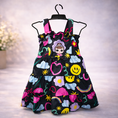 Black Dress with Colorful Prints and Pockets, Girls' Party Outfit