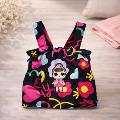 Black Dress with Colorful Prints and Pockets, Girls' Party Outfit