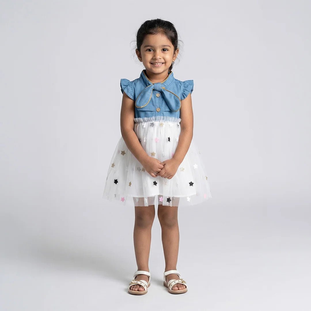 Blue Bow Baby Dress Skirt with Pockets and Tie-Dye Stars