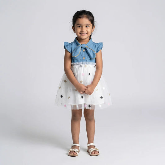 Blue Bow Baby Dress Skirt with Pockets and Tie-Dye Stars