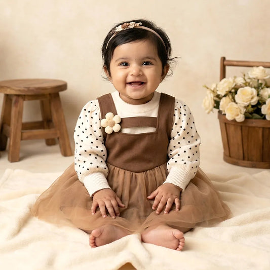 Brown Polka Dot Toddler Jumper with Ruffle Sleeve, Embroidered Waistband