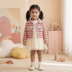 Chic Baby Girls' Jacket and Skirt Set with Ruffled Collar and Heart Buttons - Adorable Red Plaid