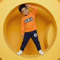 Chic Orange Long Sleeve Baby Jumpsuit with Mandarin Writing and Blue Pants Set.