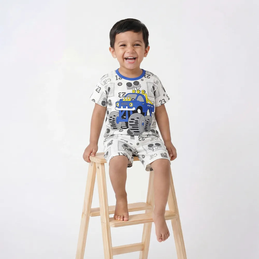 Cute Kids' Onesie with Music Notes and Race Car Design