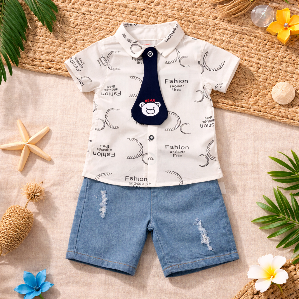 Short Sleeve Baby Vest with Cute Monkey Graphic and Denim Shorts Set