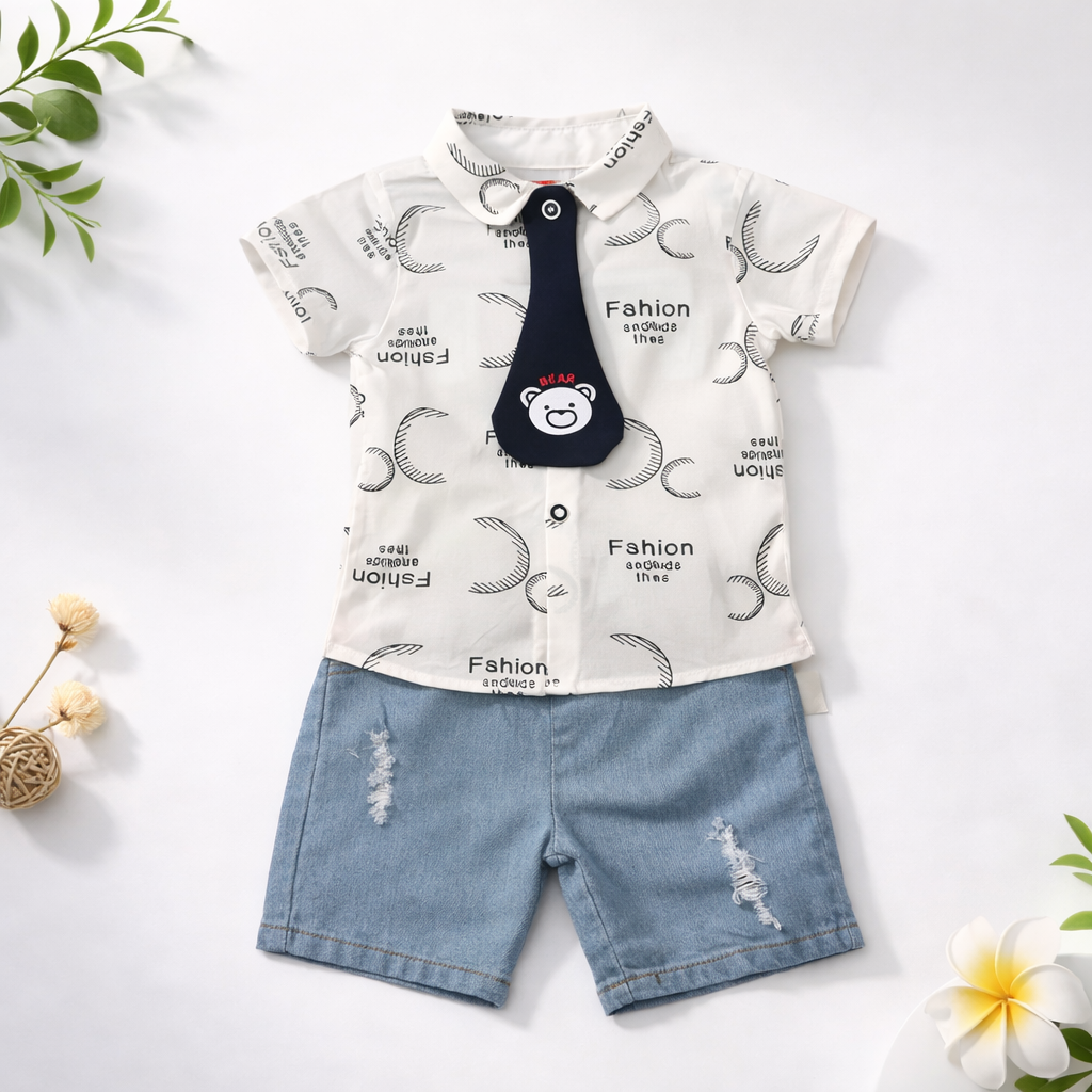 Short Sleeve Baby Vest with Cute Monkey Graphic and Denim Shorts Set