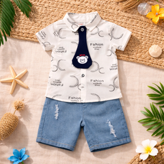 Short Sleeve Baby Vest with Cute Monkey Graphic and Denim Shorts Set