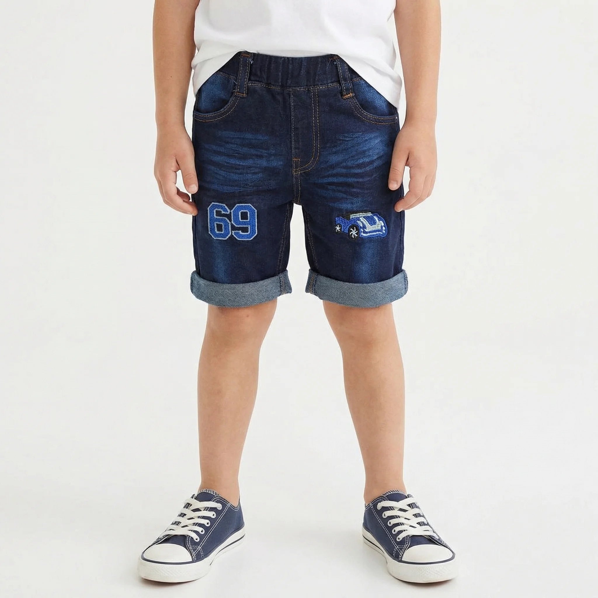 Denim Shorts with Blue Truck Design and Number 69 - Kids' Jeans
