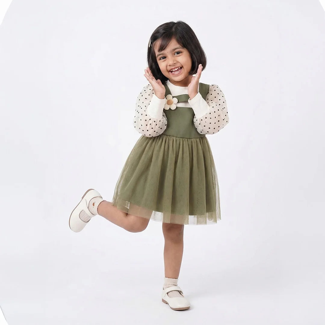 Elegant Baby Girl Dress | Pastel Green Chiffon with White Polka Dots | Floral Jumper