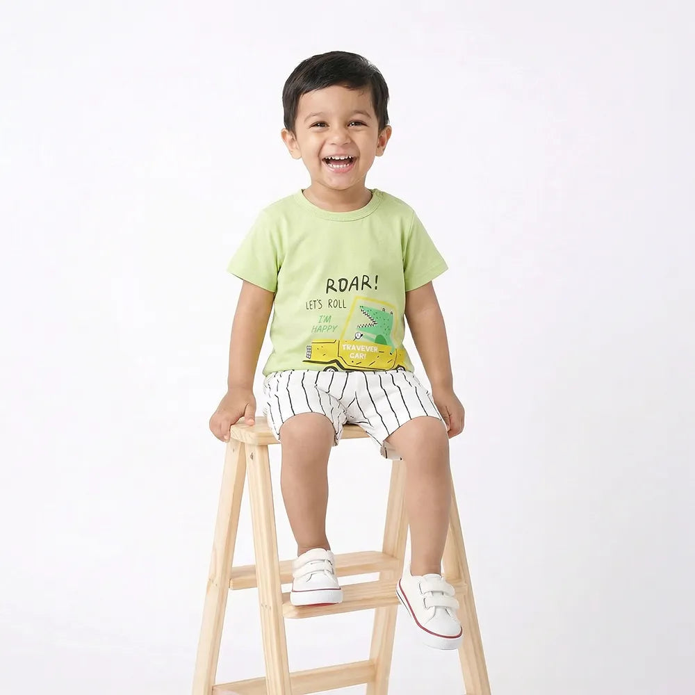 Fashionable Blue and White Striped Baby Romper with Matching Cap and Shoes Set