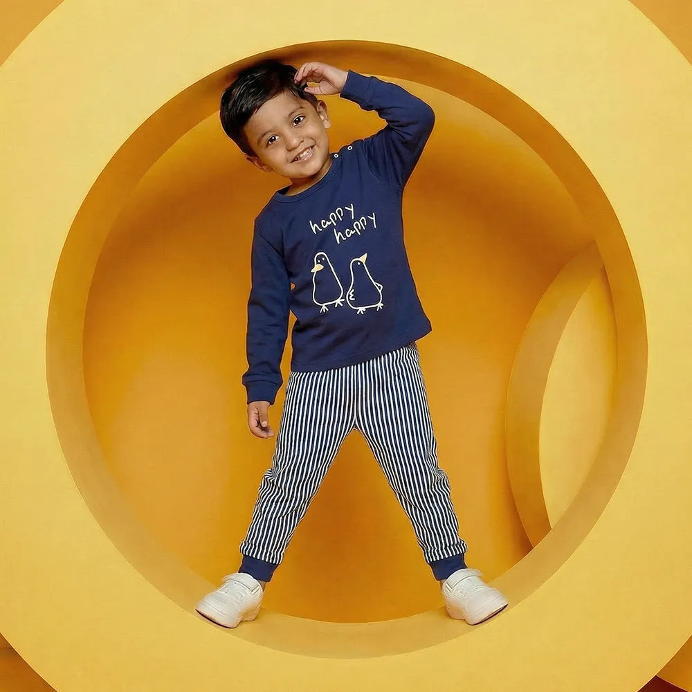 Happy Baby Onesie with Birds and Striped Pants Set, Blue and White