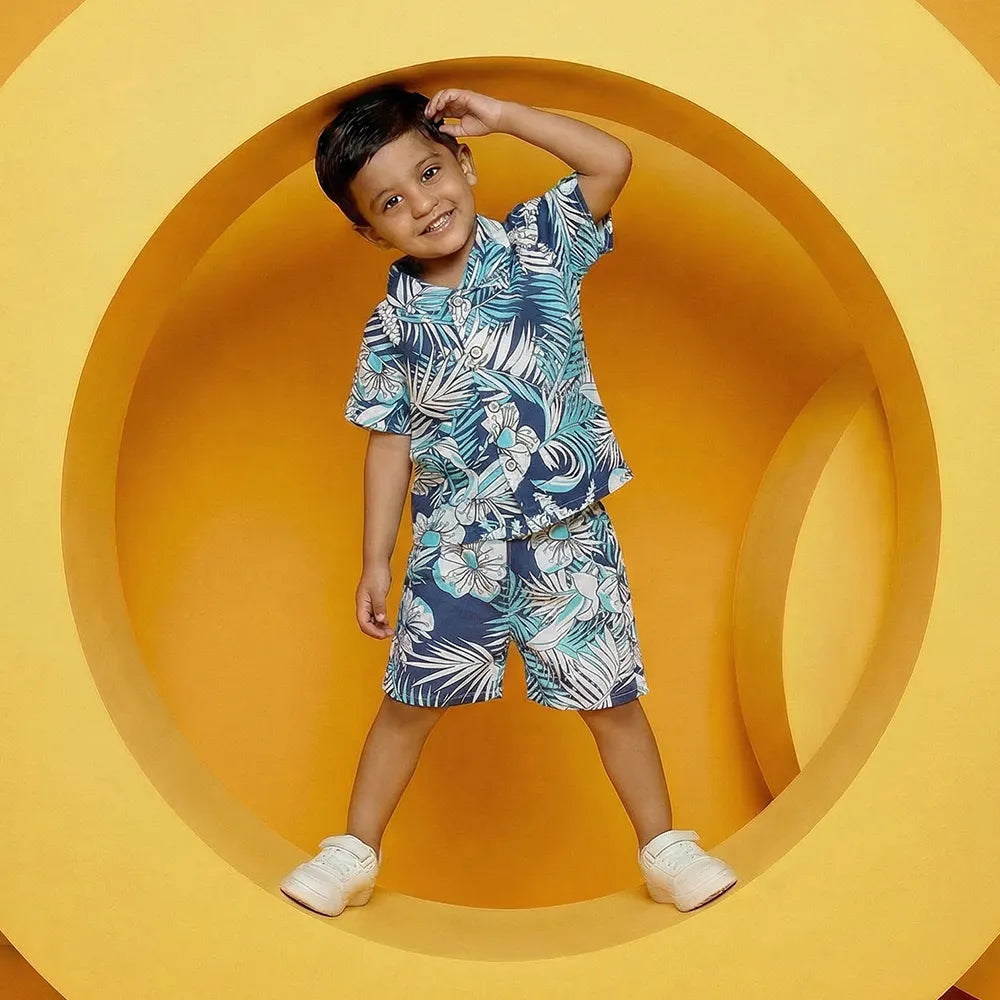 Hawaiian-Inspired Men's Tropical Short Set, Blue and White Printed Shirt and Shorts