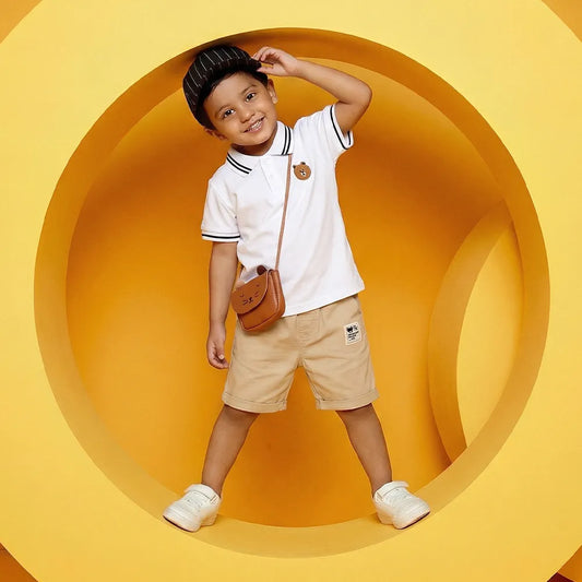 Infant Uniform with Teddy Bear Accessories - Classic White Polo with Brown Stripes