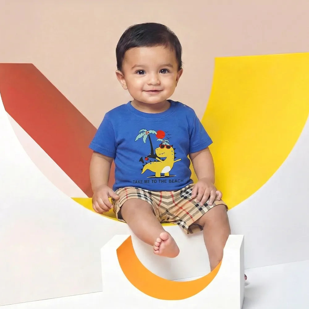 Kids Beach Towel Sets: Blue and Plaid Shorts with Funny Character Design