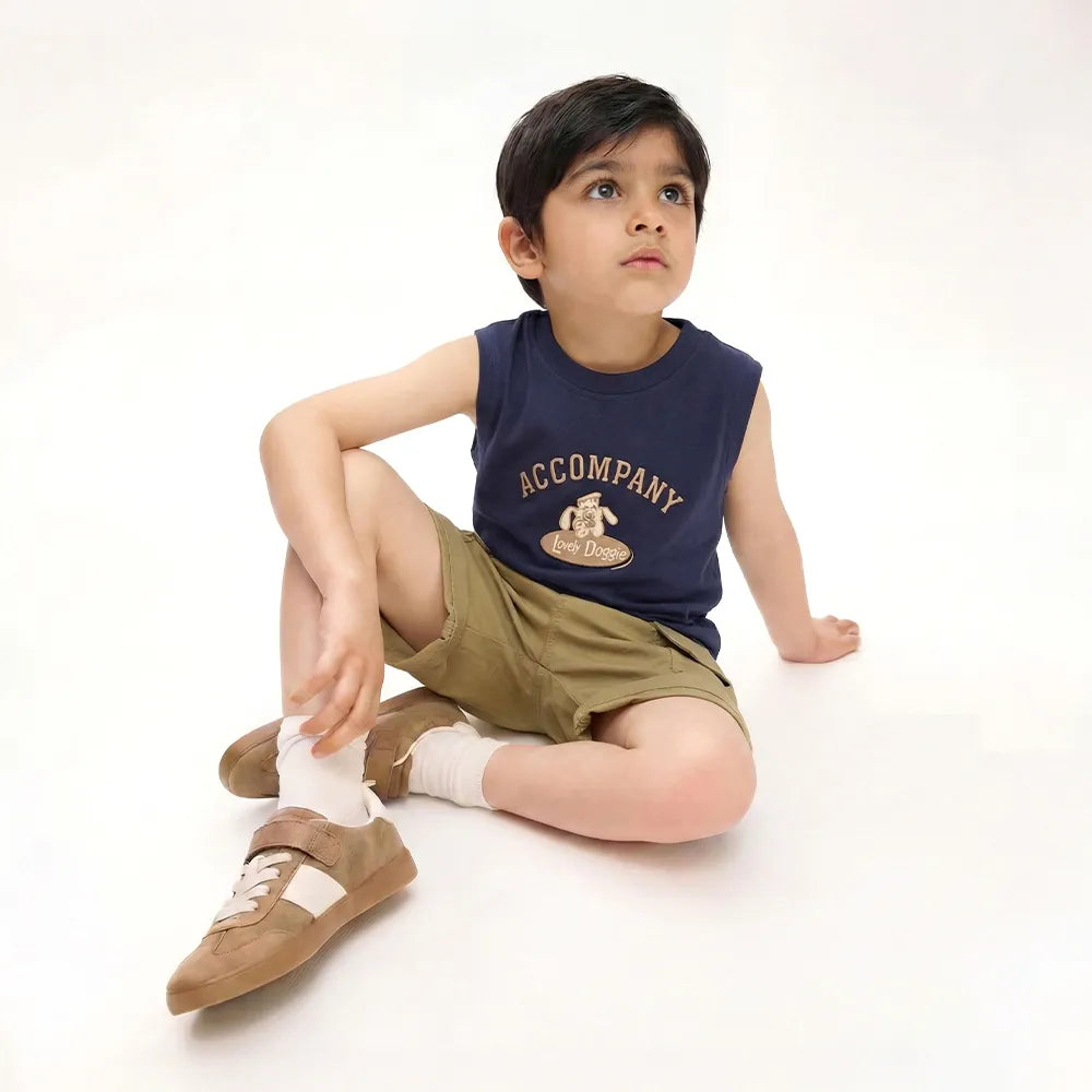 Kids Bucket Hat Outfit - Accompanied by Blue Vest & Khaki Shorts, Summer Fashion