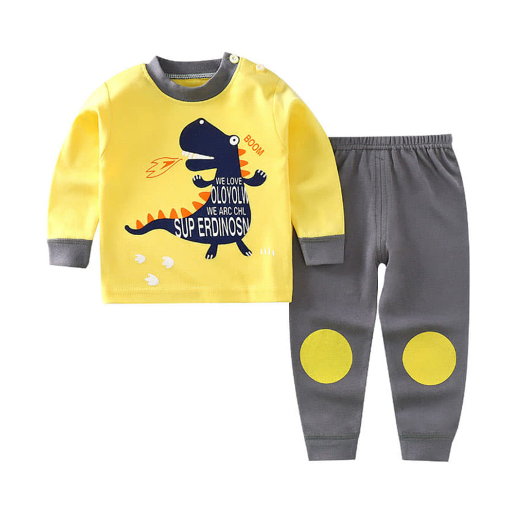Baby Dinosaur Long-Sleeve Jumpsuit and Onesie with Yellow Eggs Design (2pc Set)