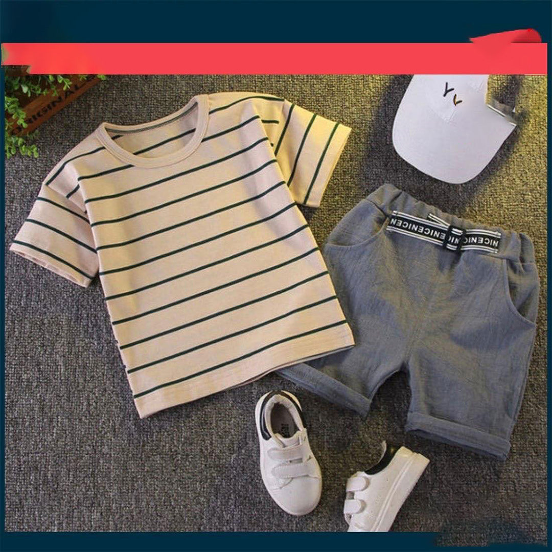 Stylish Striped T-Shirt and Sporty Gray Shorts Set