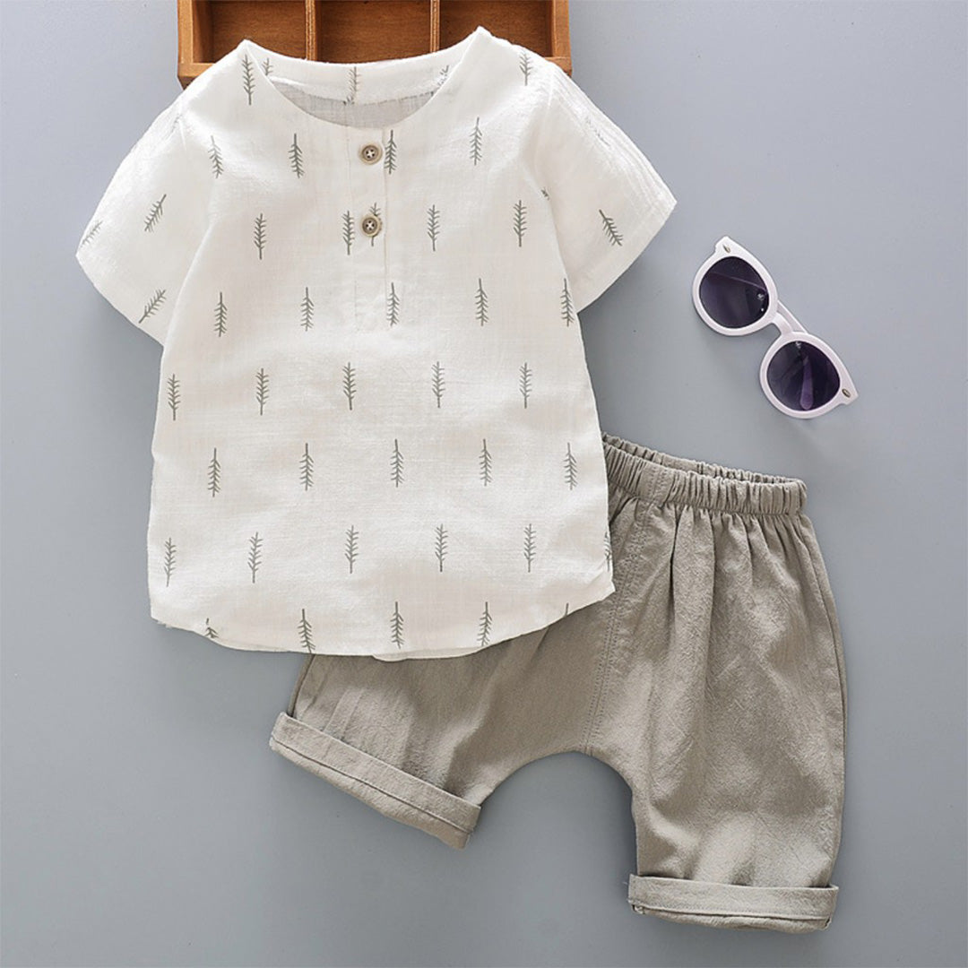 Infant Short Sleeve Onesie with Pine Tree Print and Grey Cuffed Shorts - Unisex