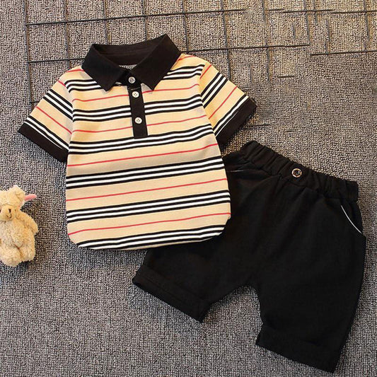 Striped Short Sleeve Polo Shirt with Cuffed Pants & Teddy Bear - Kids Summer Outfit