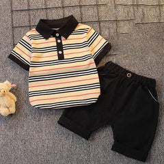 Striped Short Sleeve Polo Shirt with Cuffed Pants & Teddy Bear - Kids Summer Outfit