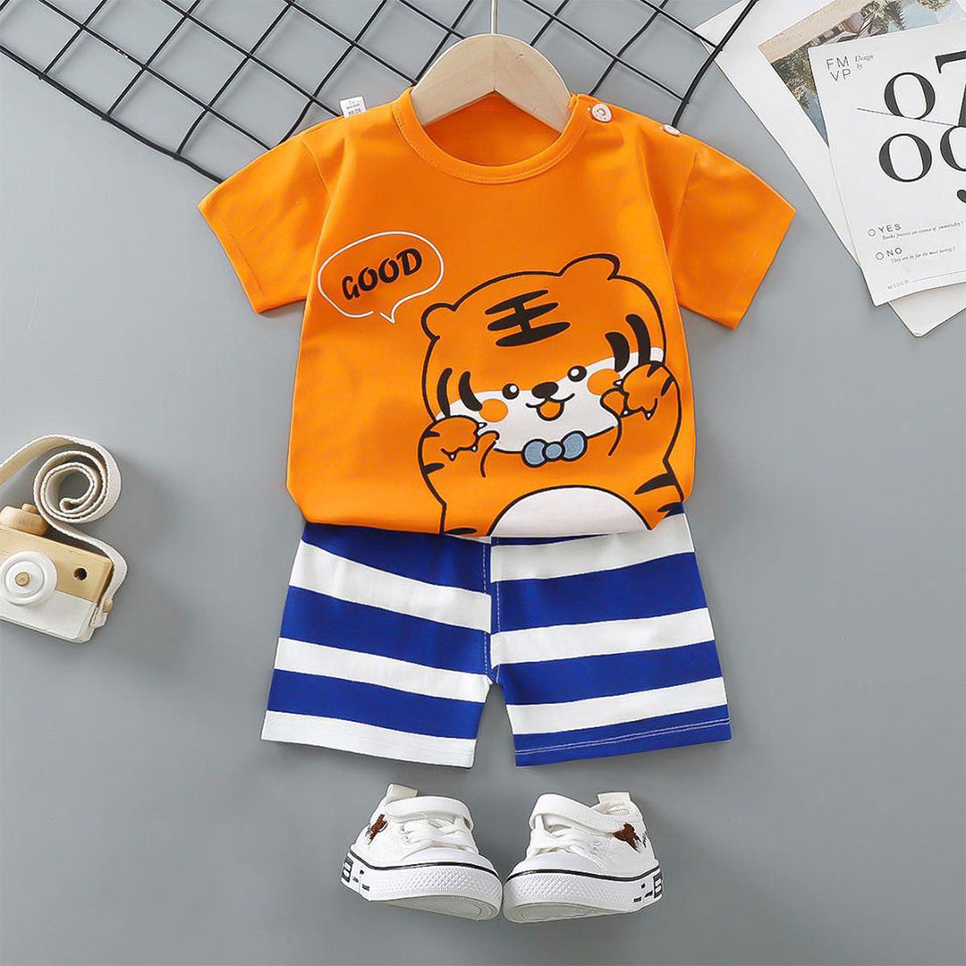 Orange Cat Shirt with Red and Blue Striped Shorts