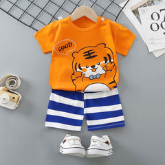 Orange Cat Shirt with Red and Blue Striped Shorts